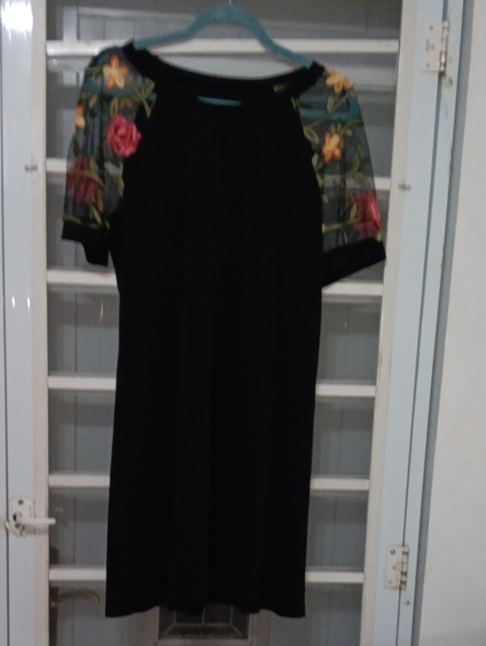 SHEIN Black Midi Dress with Floral Mesh Sleeves